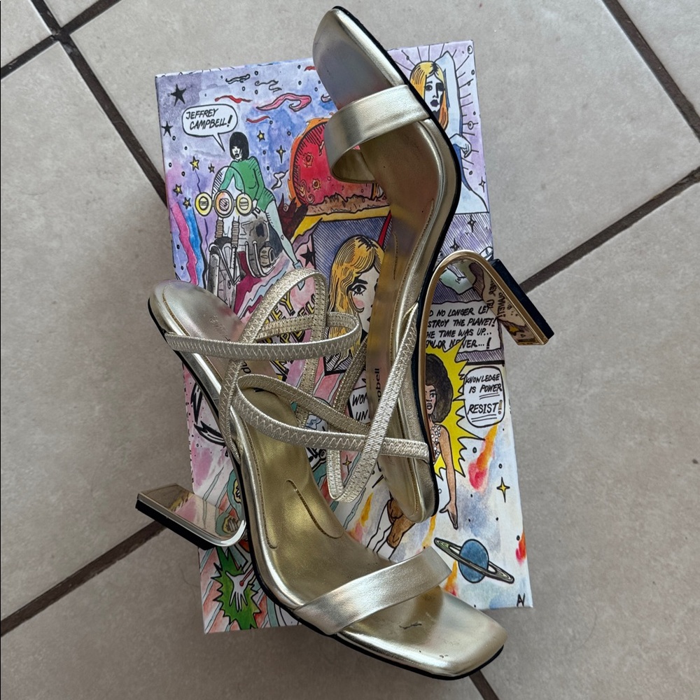 Jeffrey Campbell // Geometric Metallic Gold Sandal Heel - Picture 3 of 6